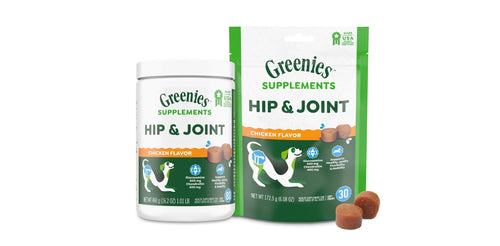 A can and bag of Greenies hip & joint supplements