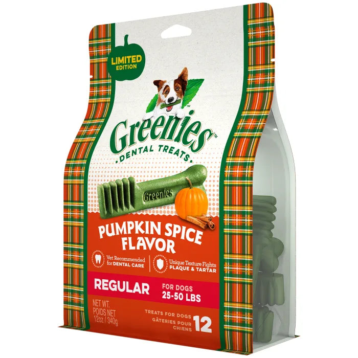 [Greenies][GREENIES Pumpkin Spice Regular Dental Dog Treats, 12 oz. (12 Treats)][Image Center Right (3/4 Angle)]