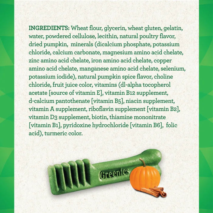 [Greenies][GREENIES Pumpkin Spice Petite  Dental Dog Treats, 12 oz. (20 Treats)][Ingredients Image]