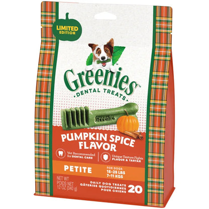 [Greenies][GREENIES Pumpkin Spice Petite  Dental Dog Treats, 12 oz. (20 Treats)][Image Center Right (3/4 Angle)]