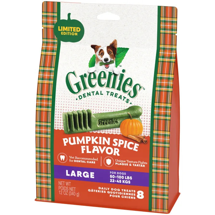 [Greenies][GREENIES Pumpkin Spice Large Dental Dog Treats, 12 oz. (8 Treats)][Image Center Right (3/4 Angle)]