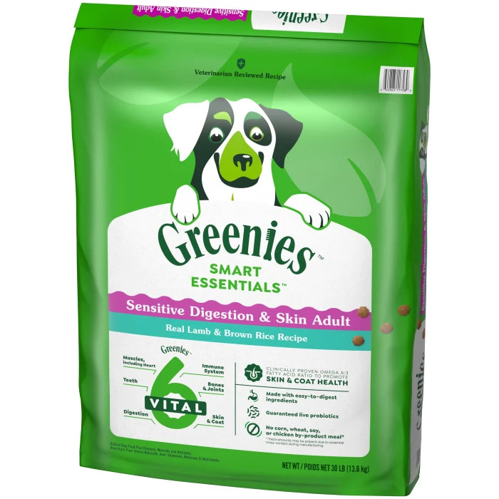 [Greenies][Greenies Smart Essentials Sensitive Digestion & Skin Dry Dog Food Real Lamb & Brown Rice, 30 lb. Bag][Image Center Right (3/4 Angle)]