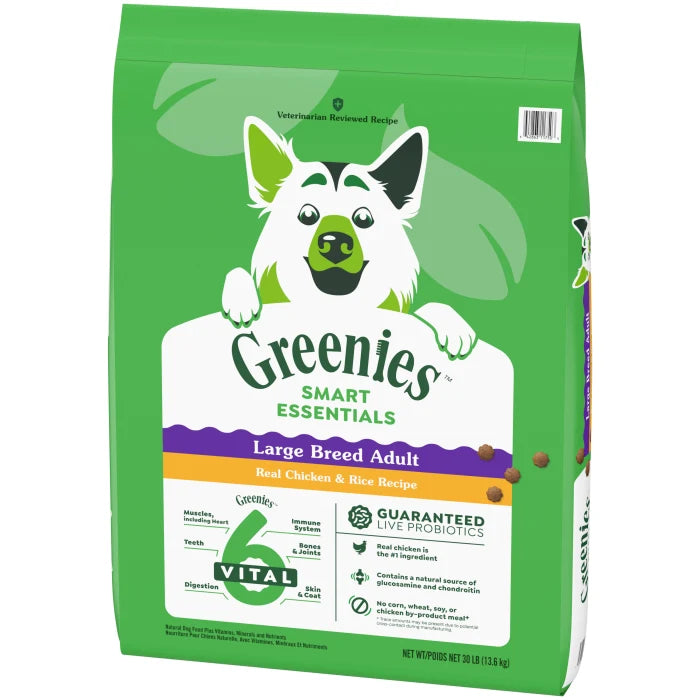 [Greenies][Greenies Smart Essentials Adult Large Breed Protein Dry Dog Food Real Chicken & Rice, 30 lb. Bag][Image Center Right (3/4 Angle)]