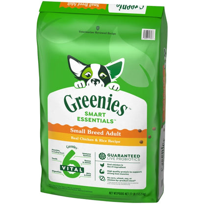 [Greenies][Greenies Smart Essentials Small Breed Adult Protein Dry Dog Food Real Chicken & Rice, 27 lb. Bag][Image Center Right (3/4 Angle)]