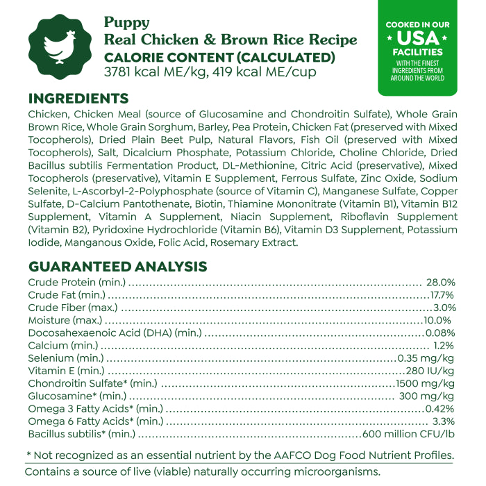 [Greenies][Greenies Smart Essentials Puppy High Protein Dry Dog Food Real Chicken & Brown Rice, 27 lb. Bag][Ingredients Image]