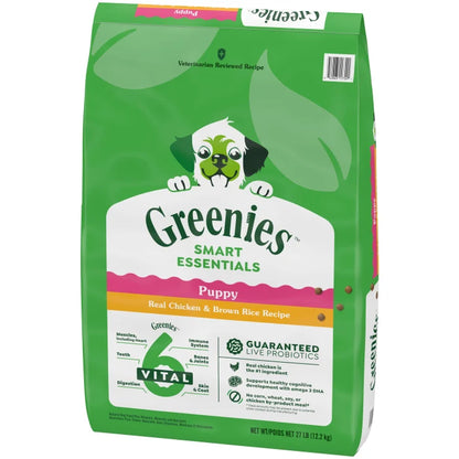 [Greenies][Greenies Smart Essentials Puppy High Protein Dry Dog Food Real Chicken & Brown Rice, 27 lb. Bag][Image Center Right (3/4 Angle)]