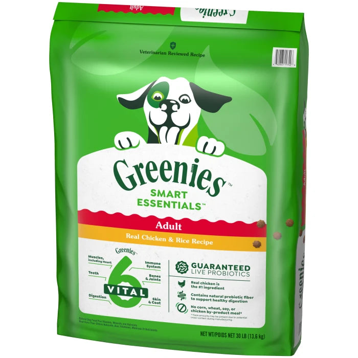 [Greenies][Greenies Smart Essentials Adult High Protein Dry Dog Food Real Chicken & Rice Recipe, 30 lb. Bag][Image Center Right (3/4 Angle)]