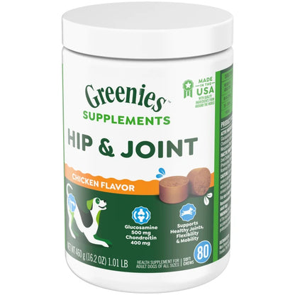 [Greenies][Greenies Hip and Joint Supplements for Dogs, 80-Count Soft Chews][Image Center Right (3/4 Angle)]