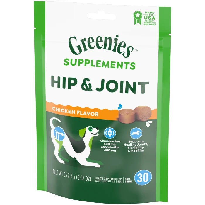 [Greenies][Greenies Hip and Joint Supplements for Dogs, 30-Count Soft Chews][Image Center Right (3/4 Angle)]