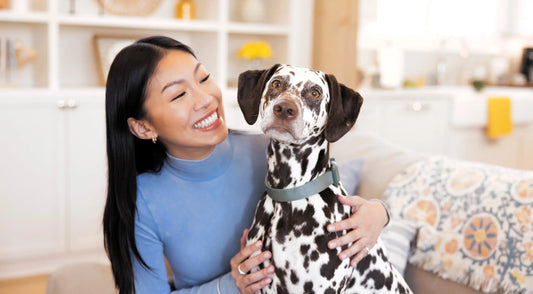  A woman sitting on a couch with a dalmatian dog beside her.