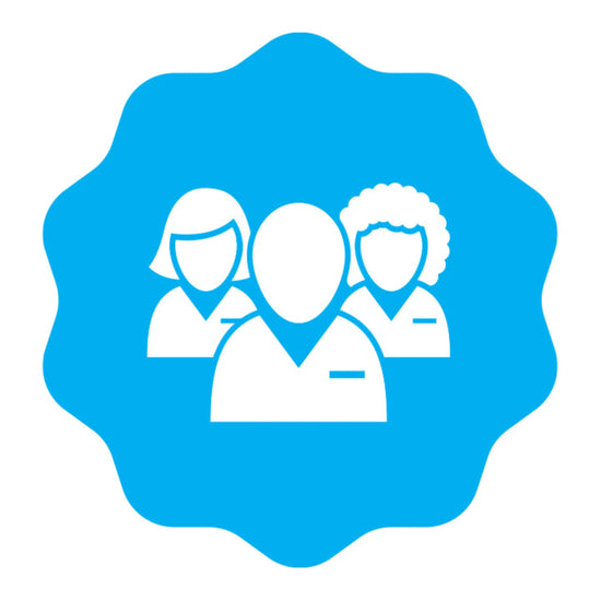 Icon of three people figures within a blue, wavy-edged shape.