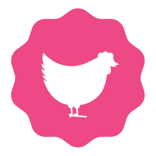 A pink seal with a chicken icon inside